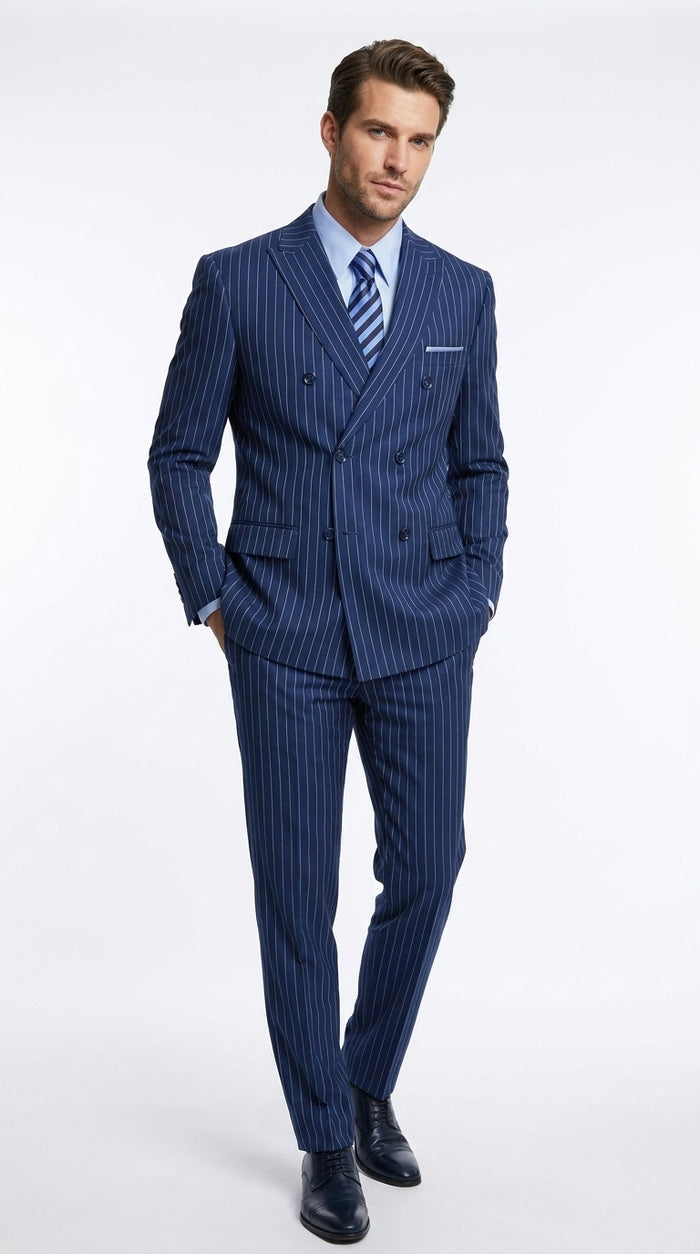 Men’s Royal Blue Pinstripe Double-Breasted Suit – 1920s Gangster Wedding, Prom and Business Suit
