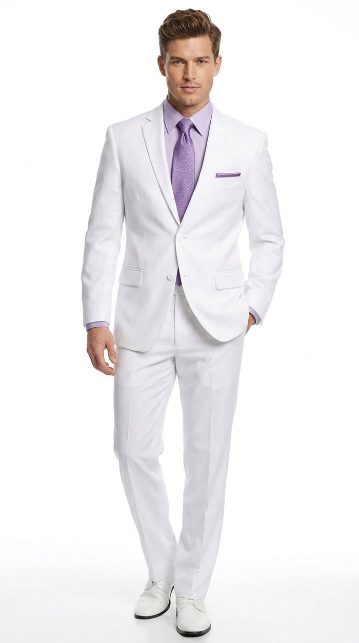 Men’s White Two-Button Poplin Suit – Modern Wedding, Prom and Formal Suit