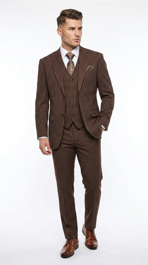 1920s Brown Pinstripe Suit for Men – 3 Piece Vintage Gangster Costume with Vest | Wide Pinstripe Classic Fit
