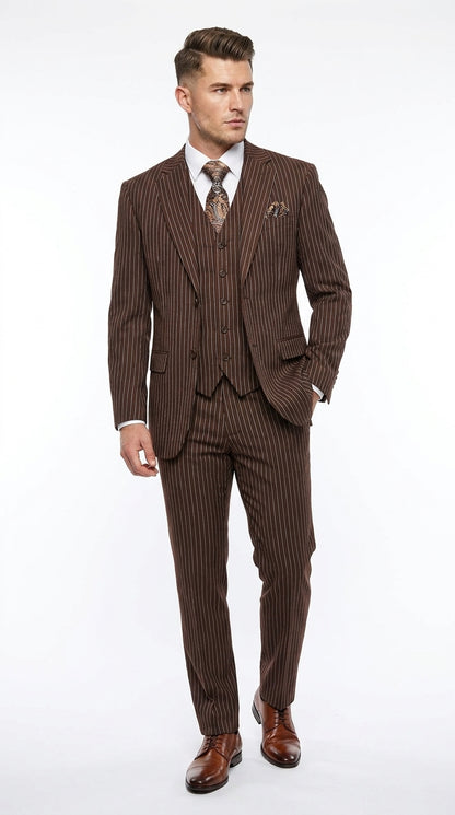1920s Brown Pinstripe Suit for Men – 3 Piece Vintage Gangster Costume with Vest | Wide Pinstripe Classic Fit