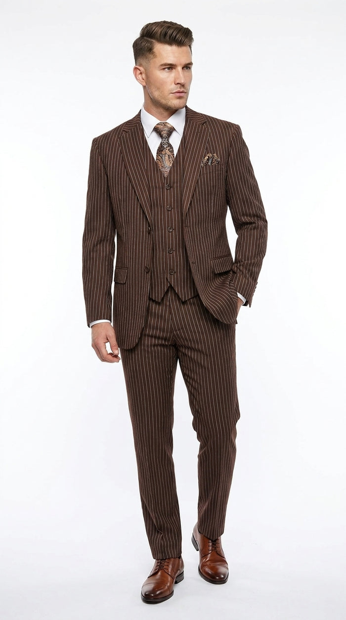 1920s Brown Pinstripe Suit for Men – 3 Piece Vintage Gangster Costume with Vest | Wide Pinstripe Classic Fit