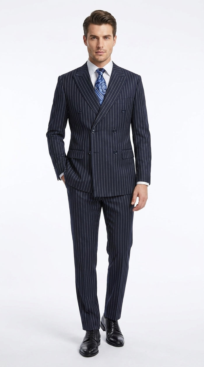 Men’s Navy Pinstripe Double-Breasted Suit – 1920s Gangster Wedding, Gatsby and Formal Suit