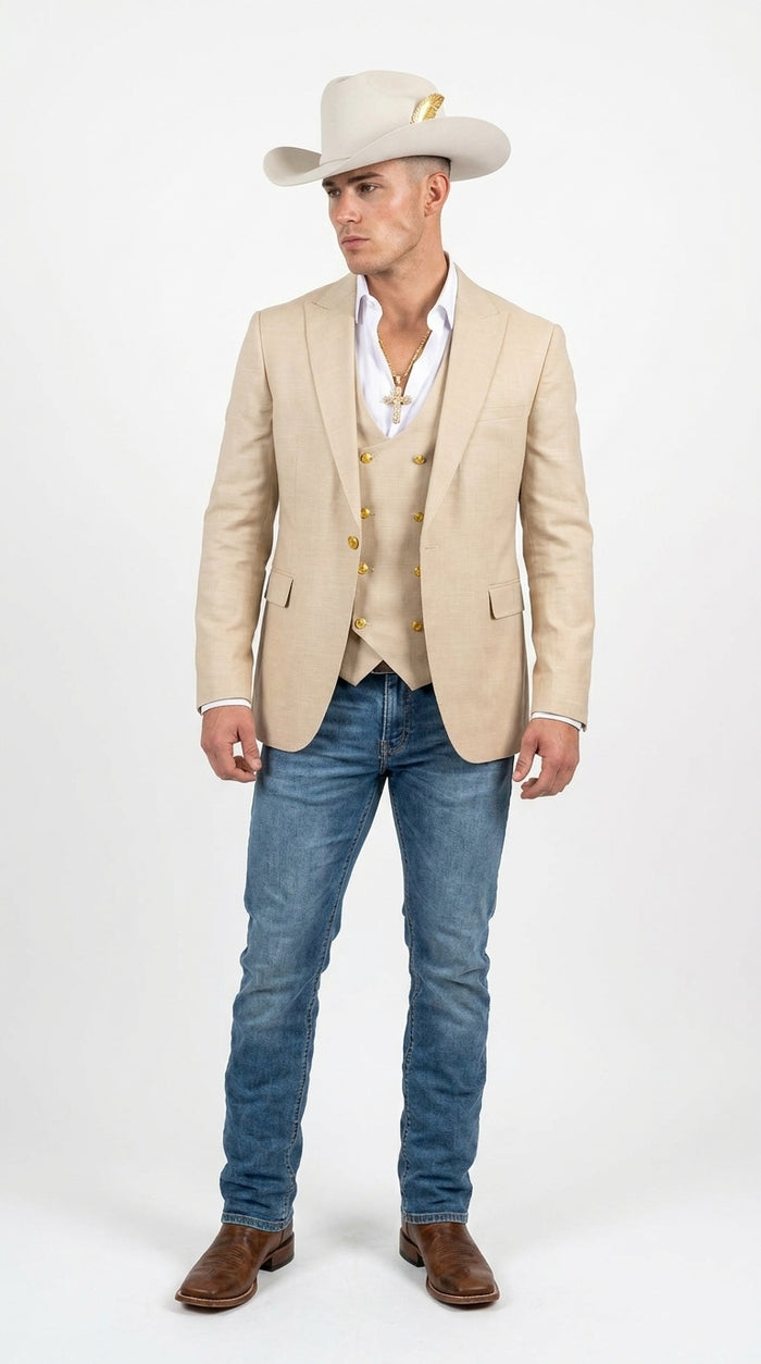 Men’s Light Beige 3-Piece Suit – Peak Lapel Jacket, Double-Breasted Vest and Matching Pants