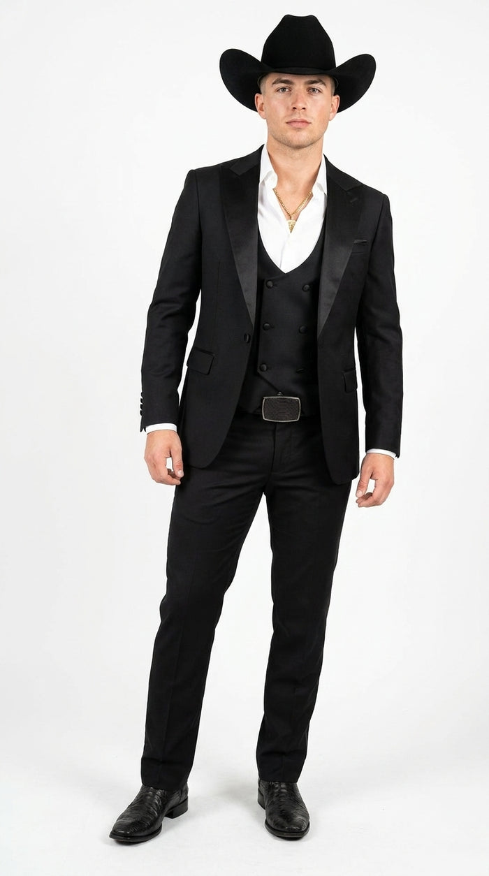 Men’s Black Western Tuxedo Suit – Satin Shawl Lapel Jacket with Double-Breasted Vest and Pants