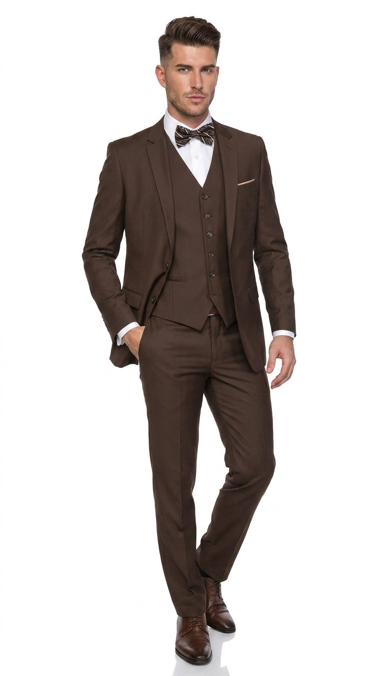 Men’s Brown 3-Piece Suit – Two-Button Wedding, Business and Formal Suit with Matching Vest