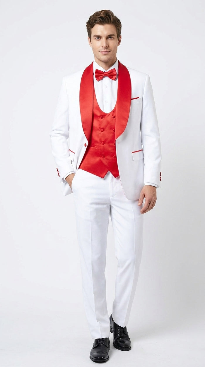 Men’s White and Red 3-Piece Tuxedo – One-Button Shawl Lapel Wedding, Prom and Formal Suit with Vest