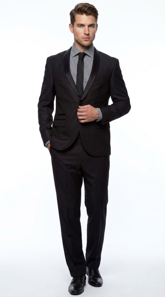 Men’s Black 1-Button Shawl Lapel Tuxedo – Wedding, Prom and Formal 2-Piece Suit