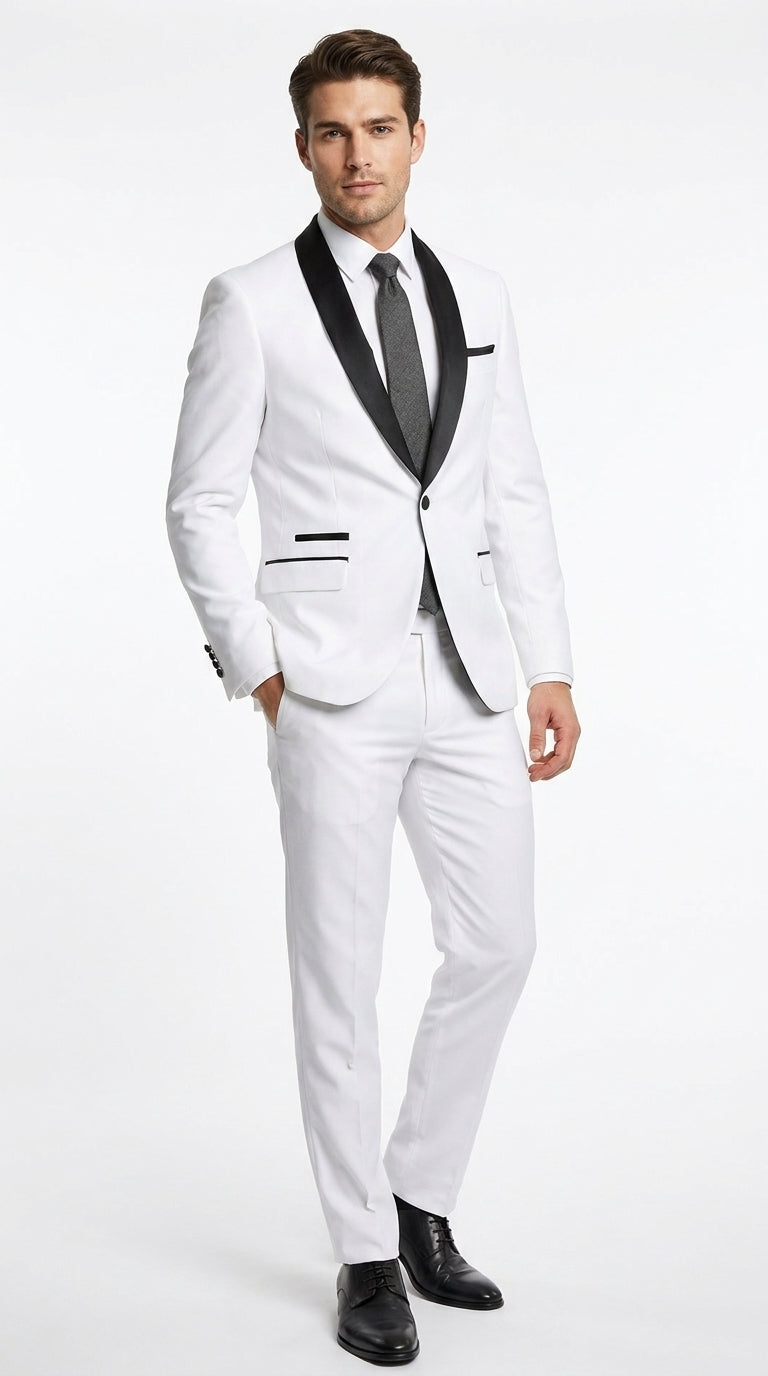 Men’s White 1-Button Shawl Lapel Tuxedo Jacket – Black Trim Wedding, Prom and Formal Dinner Blazer