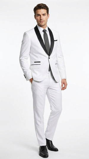 Men’s White 1-Button Shawl Lapel Tuxedo Jacket – Black Trim Wedding, Prom and Formal Dinner Blazer
