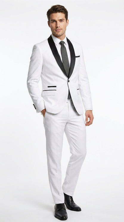 Men’s White 1-Button Shawl Lapel Tuxedo Jacket – Black Trim Wedding, Prom and Formal Dinner Blazer