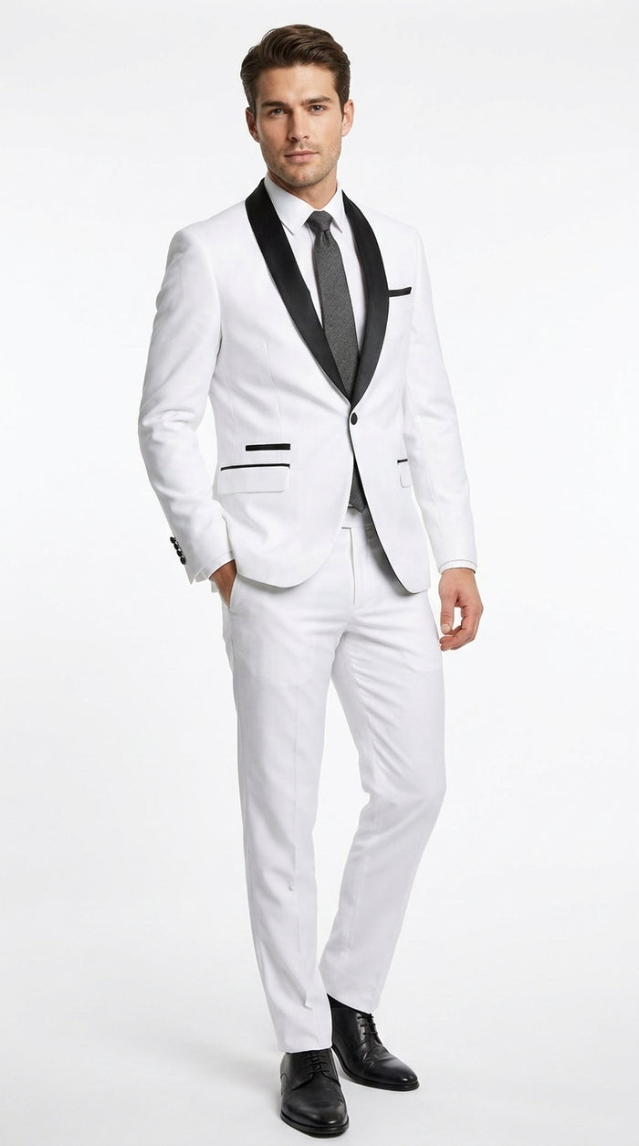 Men’s White 1-Button Shawl Lapel Tuxedo Jacket – Black Trim Wedding, Prom and Formal Dinner Blazer
