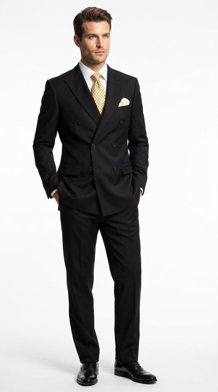 Men’s Black 100% Wool Double-Breasted Suit – Classic Business, Wedding and Formal Suit