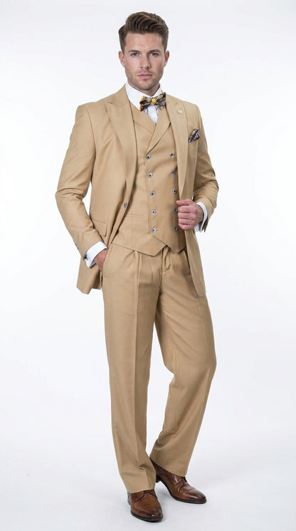 Men’s Camel 100% Wool 3-Piece Suit – One-Button Notch Lapel Suit with Double-Breasted Vest and Wide-Leg Pants