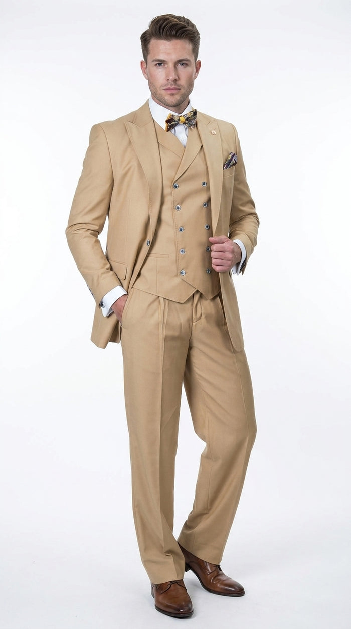 Men’s Camel 100% Wool 3-Piece Suit – One-Button Notch Lapel Suit with Double-Breasted Vest and Wide-Leg Pants