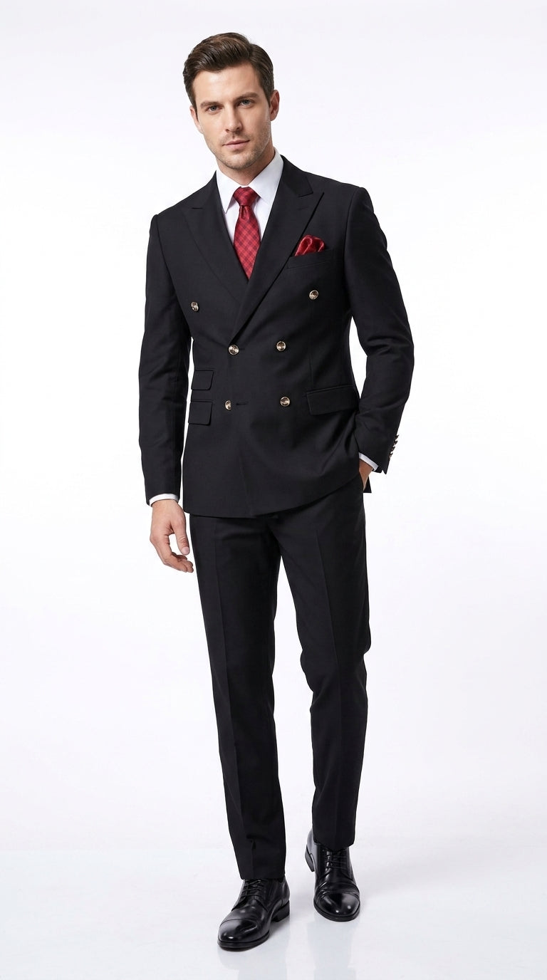 Men’s Black Classic Wool Double-Breasted Suit – Peak Lapel Wedding, Business and Formal Suit