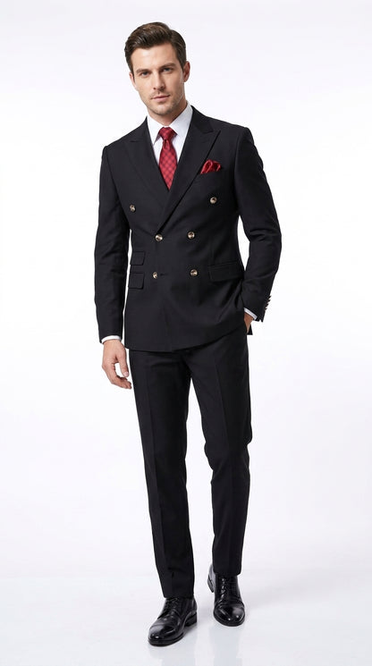 Men’s Black Classic Wool Double-Breasted Suit – Peak Lapel Wedding, Business and Formal Suit