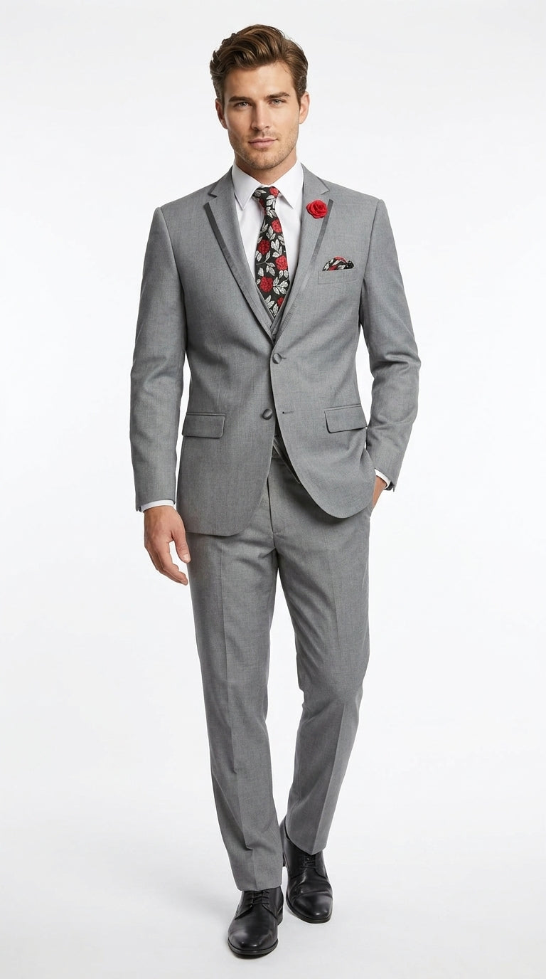 Men’s Grey Trim Tuxedo Suit – Vested Wedding, Prom and Formal Suit with Black Lapel Accents
