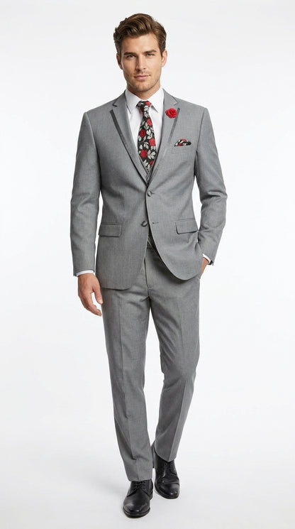 Men’s Grey Trim Tuxedo Suit – Vested Wedding, Prom and Formal Suit with Black Lapel Accents