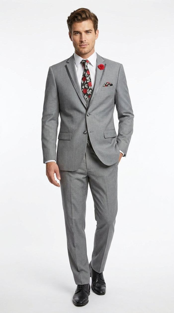 Men’s Grey Trim Tuxedo Suit – Vested Wedding, Prom and Formal Suit with Black Lapel Accents