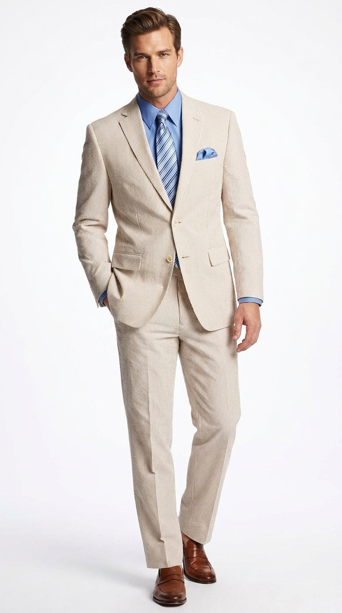 Men’s Tan Pinstripe Seersucker 2-Piece Suit – Lightweight Summer Wedding and Business Suit