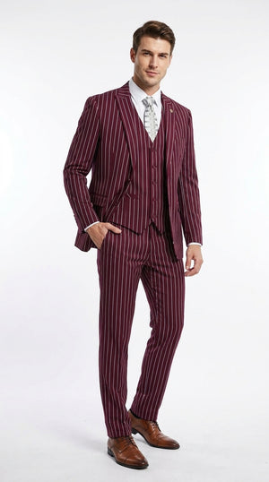 Men’s 3-Piece Gangster Pinstripe Suit – 2-Button Vintage Suit in Black, Grey or Burgundy