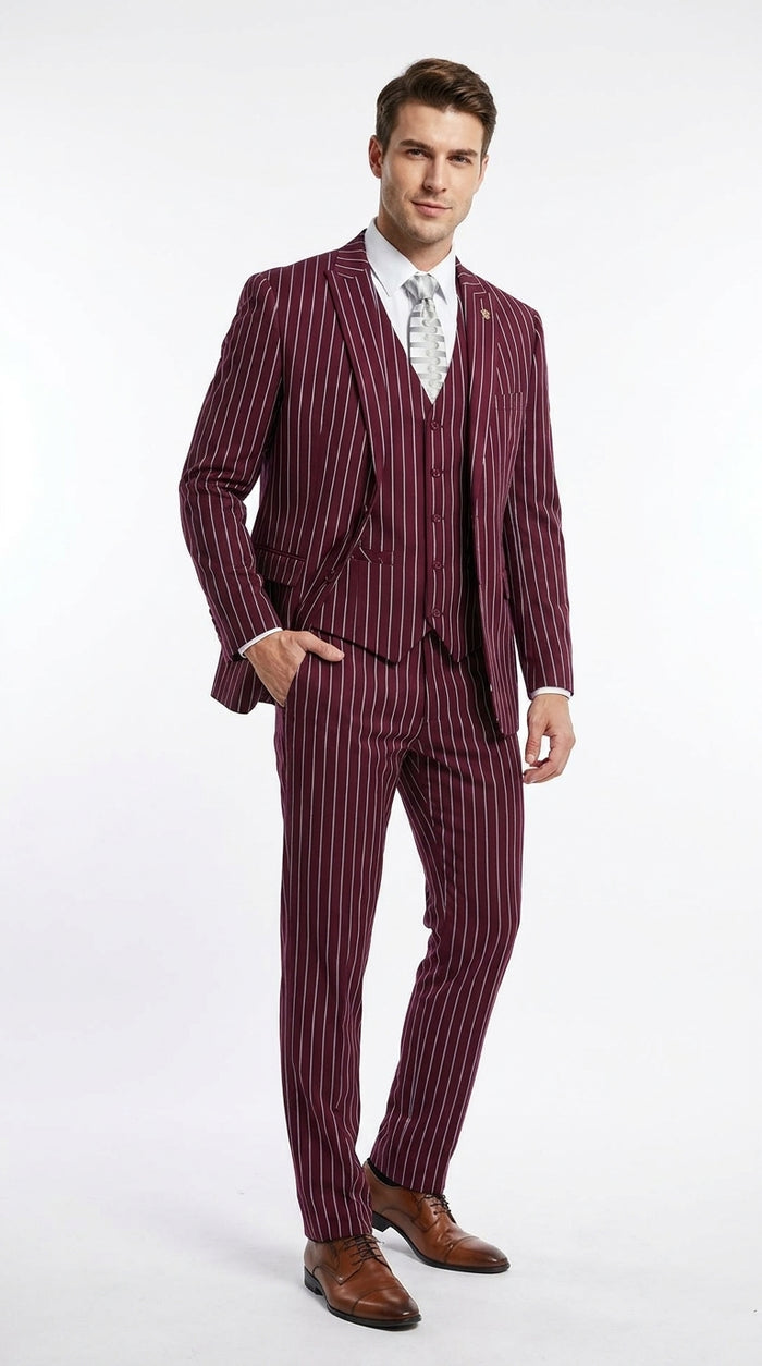 Men’s 3-Piece Gangster Pinstripe Suit – 2-Button Vintage Suit in Black, Grey or Burgundy
