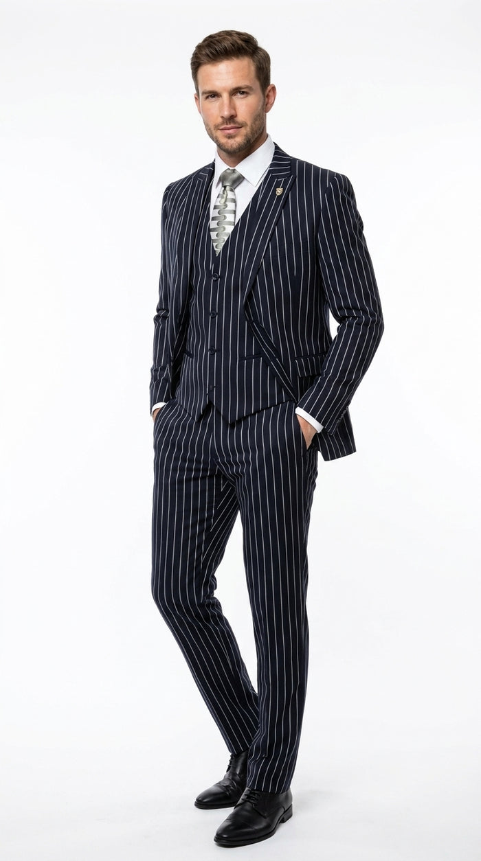 Men’s 3-Piece Gangster Pinstripe Suit – 2-Button Vintage Suit in Black, Grey or Burgundy