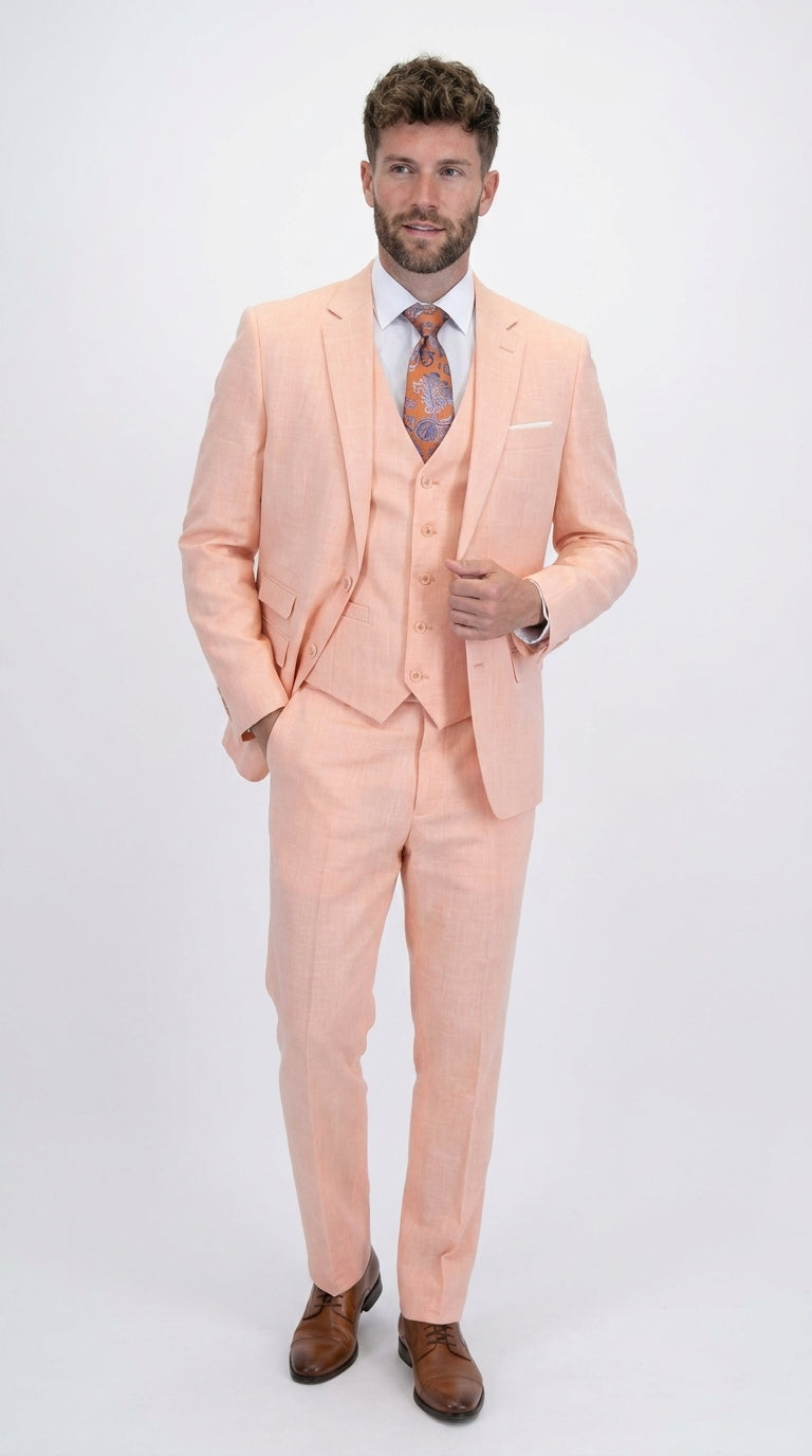 Statement Men's Peach 3 Piece Suit – Light Orange Blush Modern Fit Wedding & Summer Suit with Ticket Pocket