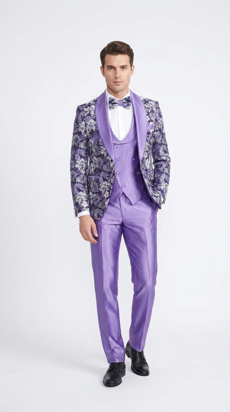 Men’s Purple Floral Prom Tuxedo – Shawl Lapel 3-Piece Wedding and Formal Suit