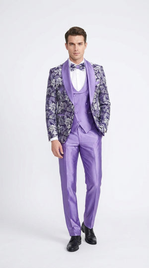 Men’s Purple Floral Prom Tuxedo – Shawl Lapel 3-Piece Wedding and Formal Suit