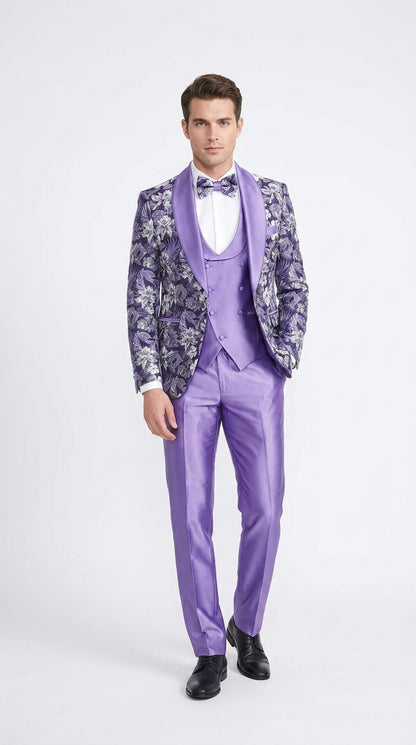 Men’s Purple Floral Prom Tuxedo – Shawl Lapel 3-Piece Wedding and Formal Suit