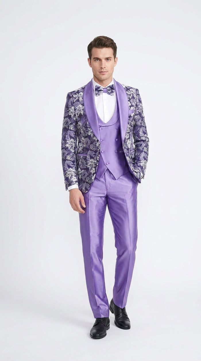 Men’s Purple Floral Prom Tuxedo – Shawl Lapel 3-Piece Wedding and Formal Suit