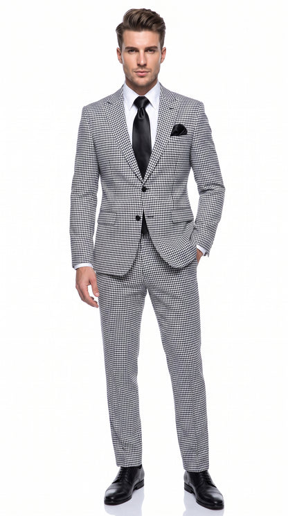 Rossi Man MAX RM1710 Men’s Black and White Houndstooth 3 Piece Suit, Modern Formal Dress Suit