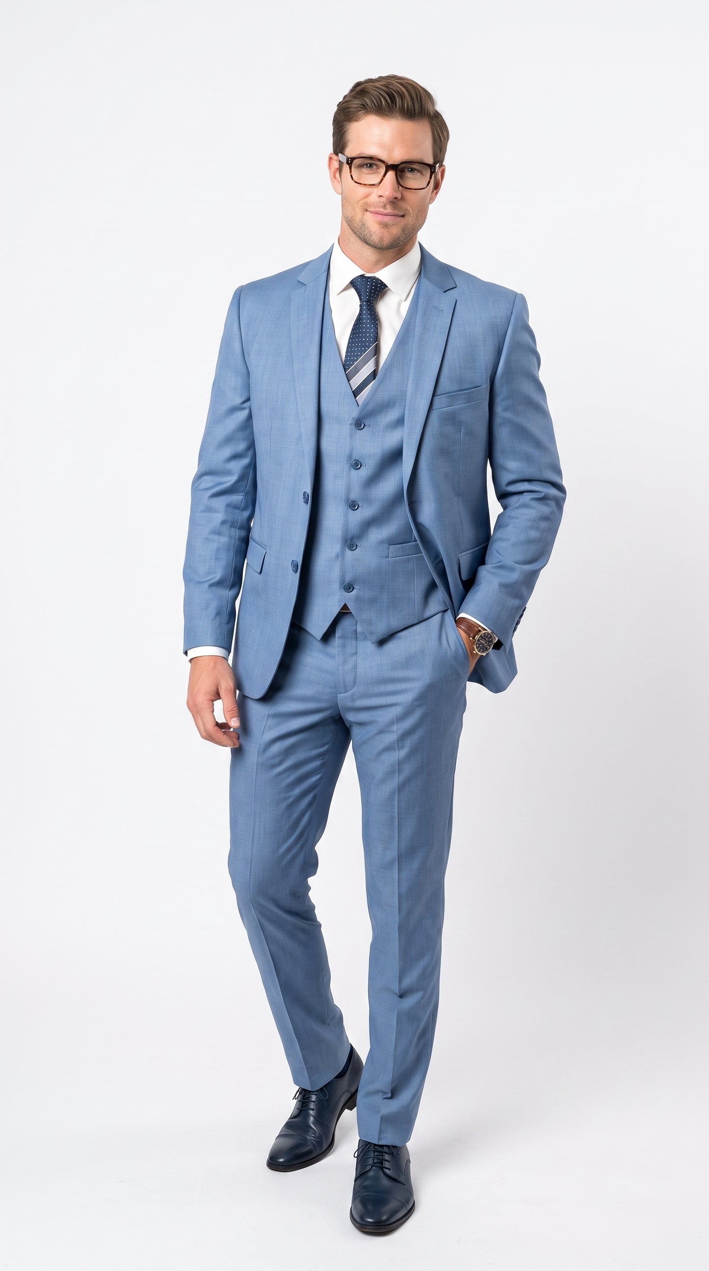Men’s Steel Blue Sharkskin Textured 3 Piece Suit, Dusty Blue Formal Wedding Dress Suit