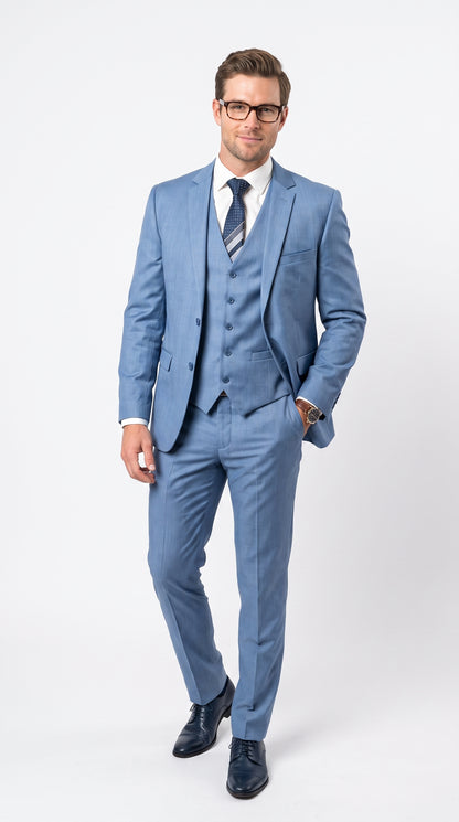 Men’s Steel Blue Sharkskin Textured 3 Piece Suit, Dusty Blue Formal Wedding Dress Suit