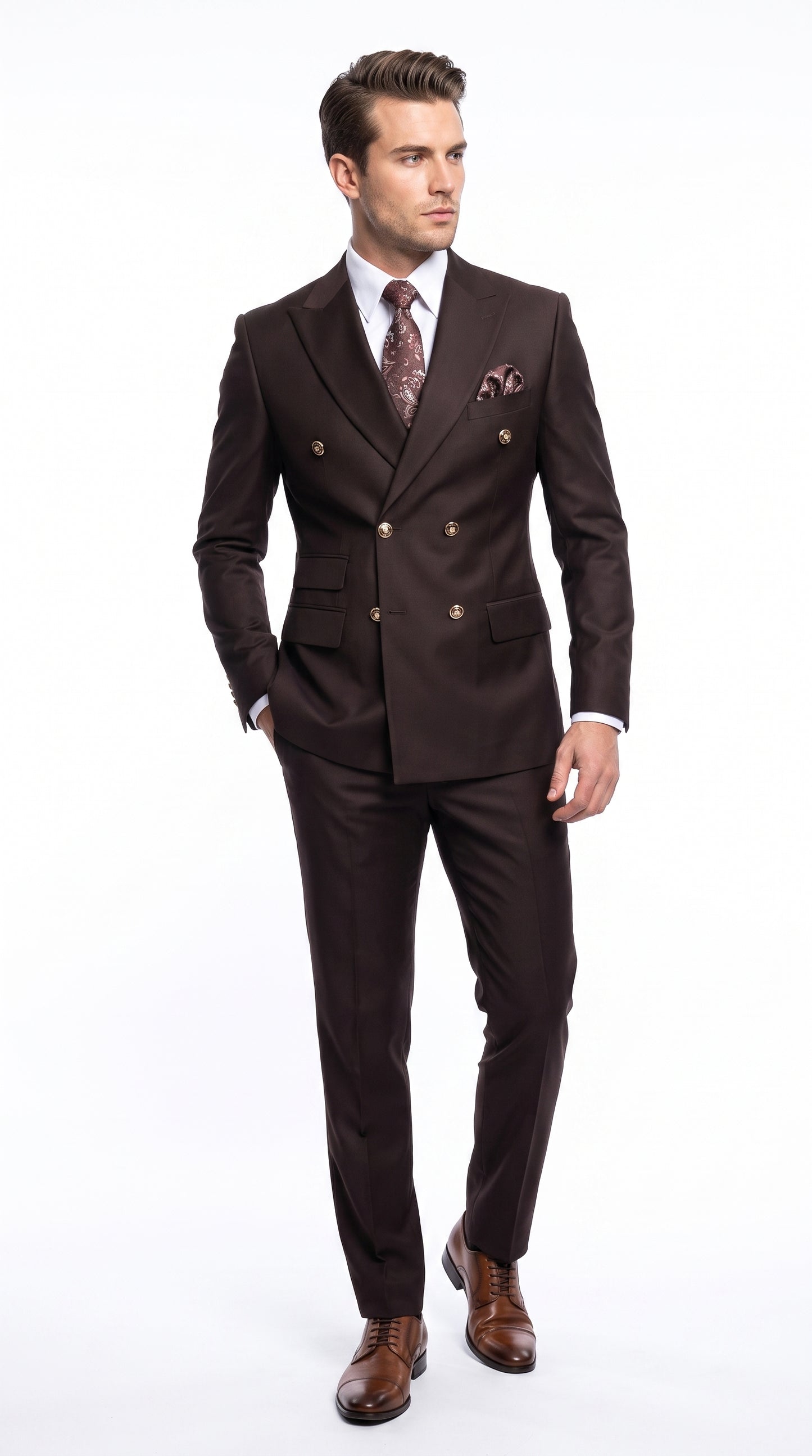 Men’s Brown Double Breasted Suit with Gold Buttons, Designer Formal Wedding Business Suit