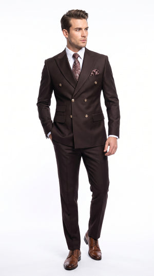 Men’s Brown Double Breasted Suit with Gold Buttons, Designer Formal Wedding Business Suit