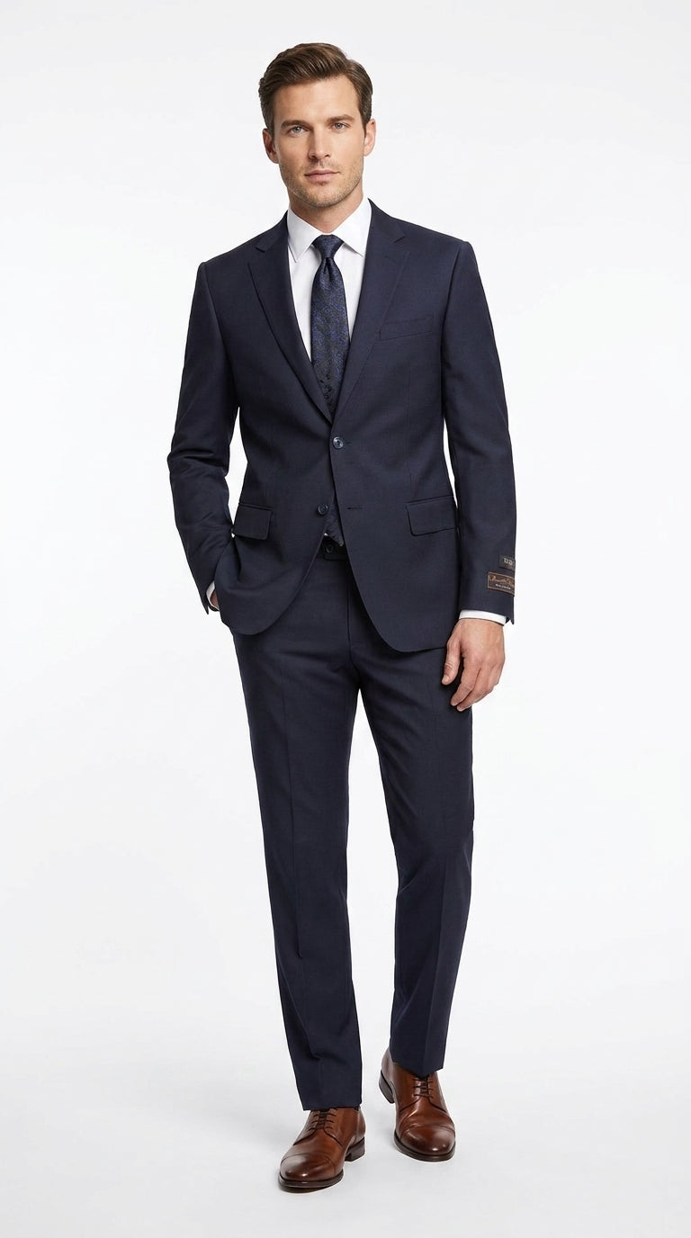 Tiglio Novello Men’s Navy Italian Wool Suit, Super 150s Modern Fit Formal Dress Suit