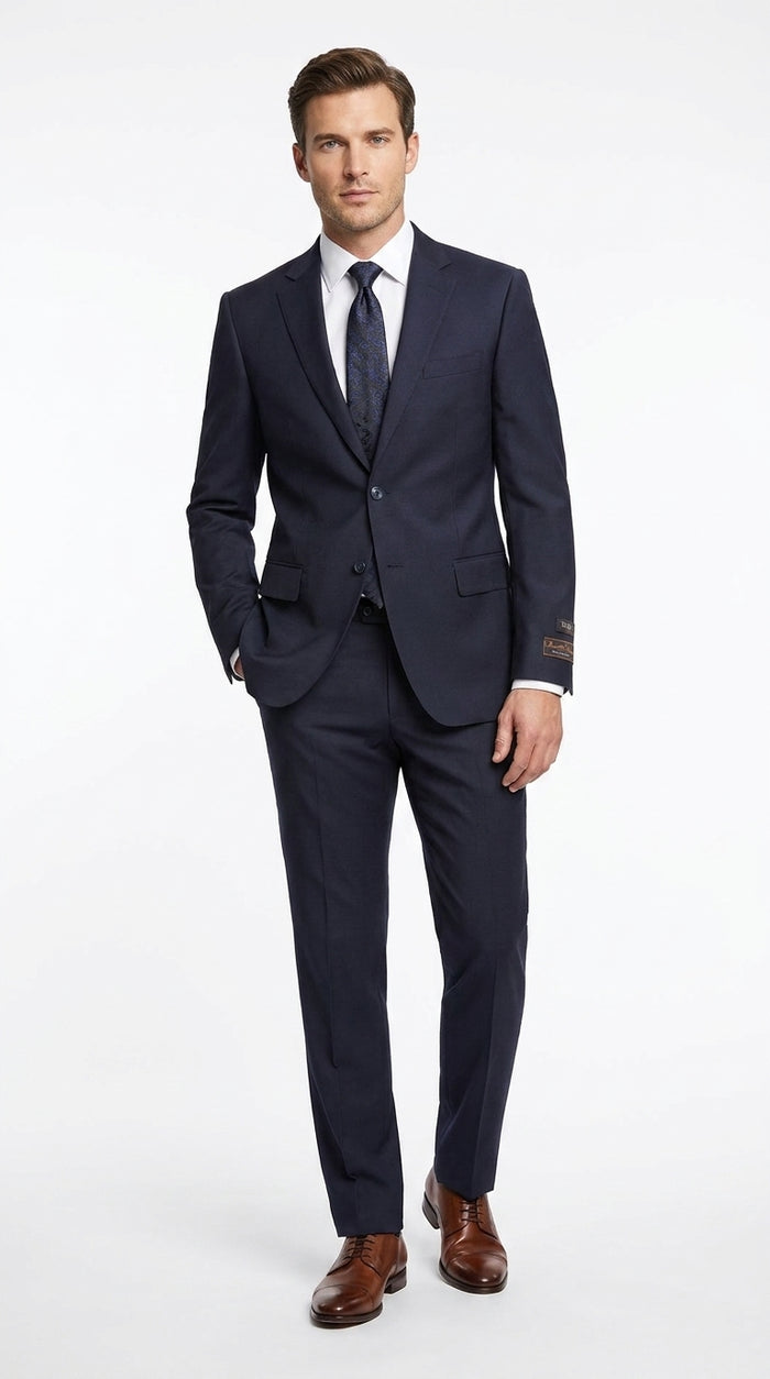 Tiglio Novello Men’s Navy Italian Wool Suit, Super 150s Modern Fit Formal Dress Suit