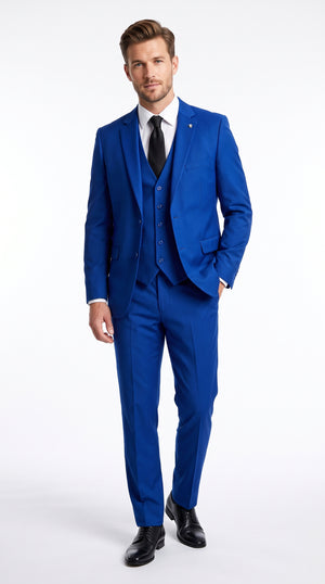 Men's Royal Blue 3-Piece Vested Suit – Solid Color Classic Formal Wedding Prom Business Dress Suit