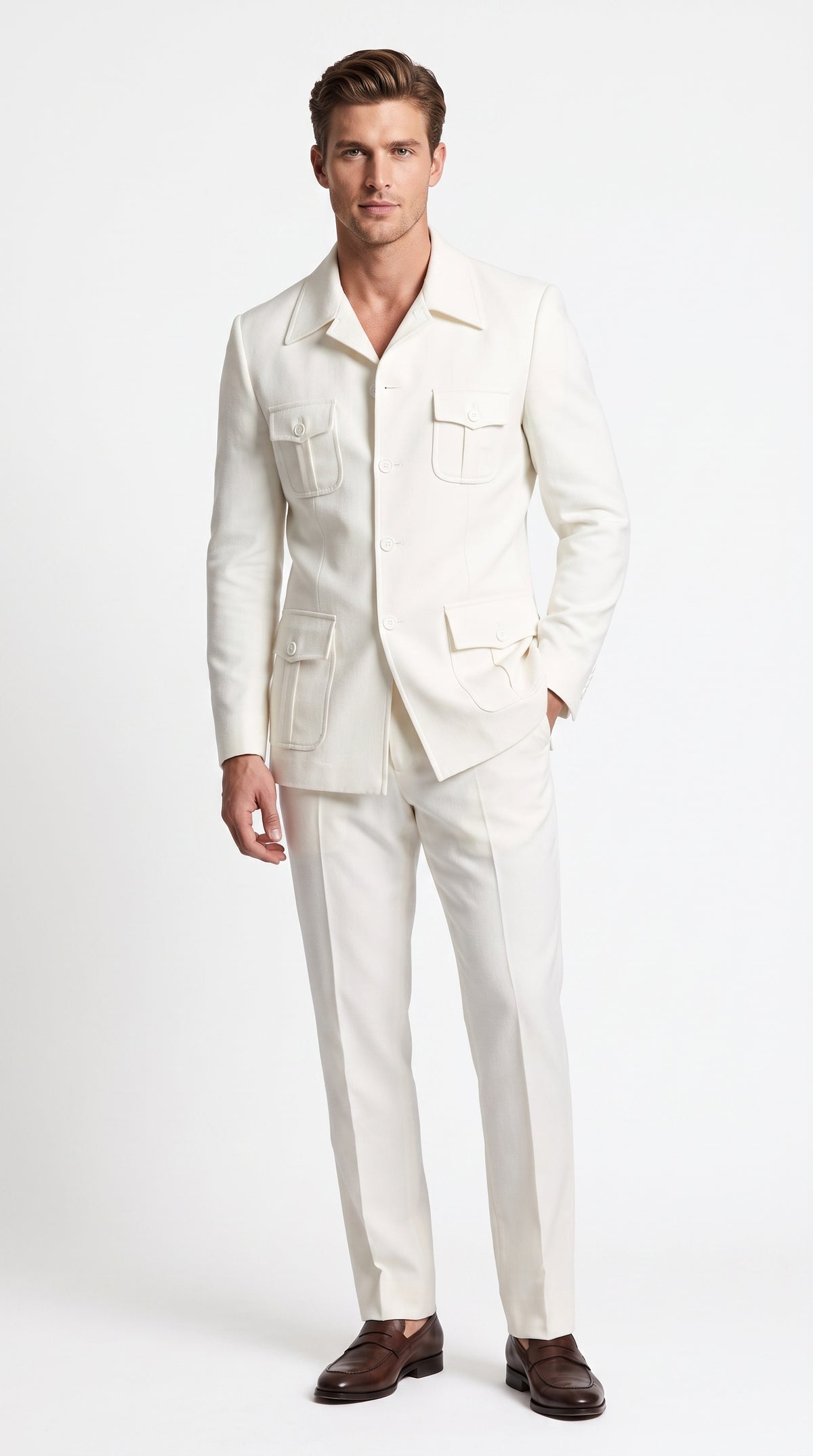 Men’s Off White Casual Safari Suit BP8102, Pocket Front Shirt Jacket and Pants Set