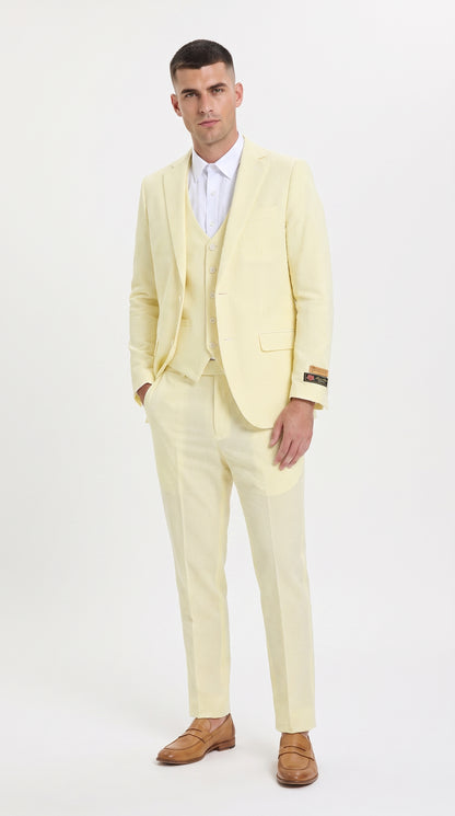 Men’s Yellow Pinstripe Seersucker Suit – 2 Piece Summer Suit Jacket and Pants
