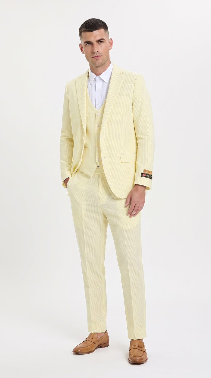 Men’s Yellow Pinstripe Seersucker Suit – 2 Piece Summer Suit Jacket and Pants