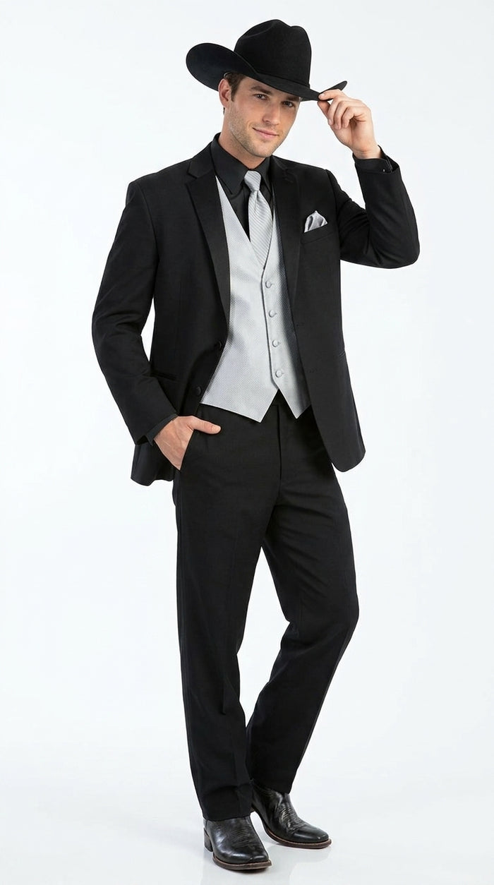 Men’s Black 2 Button Trim Cowboy Suit with Silver Waistcoat, Country Wedding Formal Suit Set