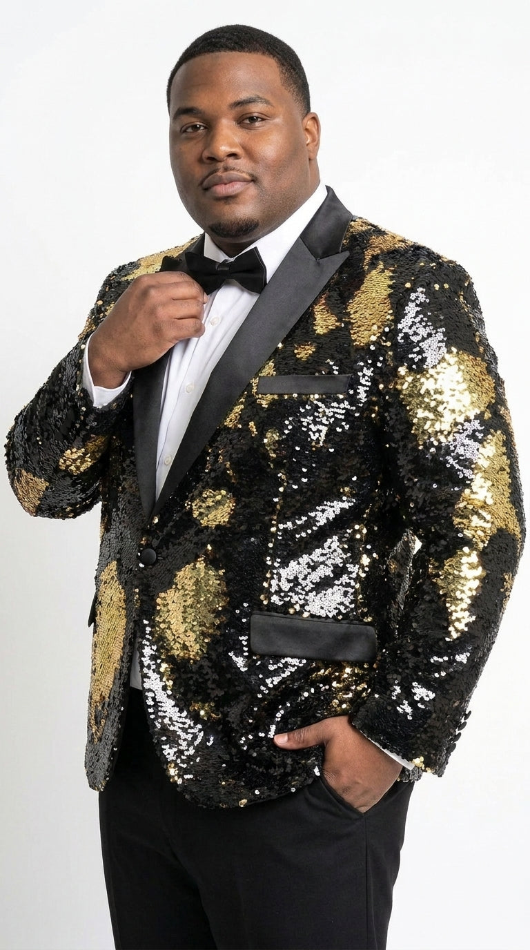 Men’s Black and Gold Reversible Sequin Blazer, Formal Party Dinner Jacket for Prom and Stage Events