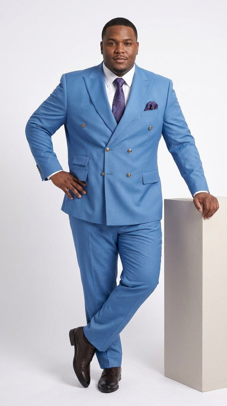 Men’s Sky Blue Double Breasted Suit with Gold Buttons, Designer Formal Wedding Business Suit