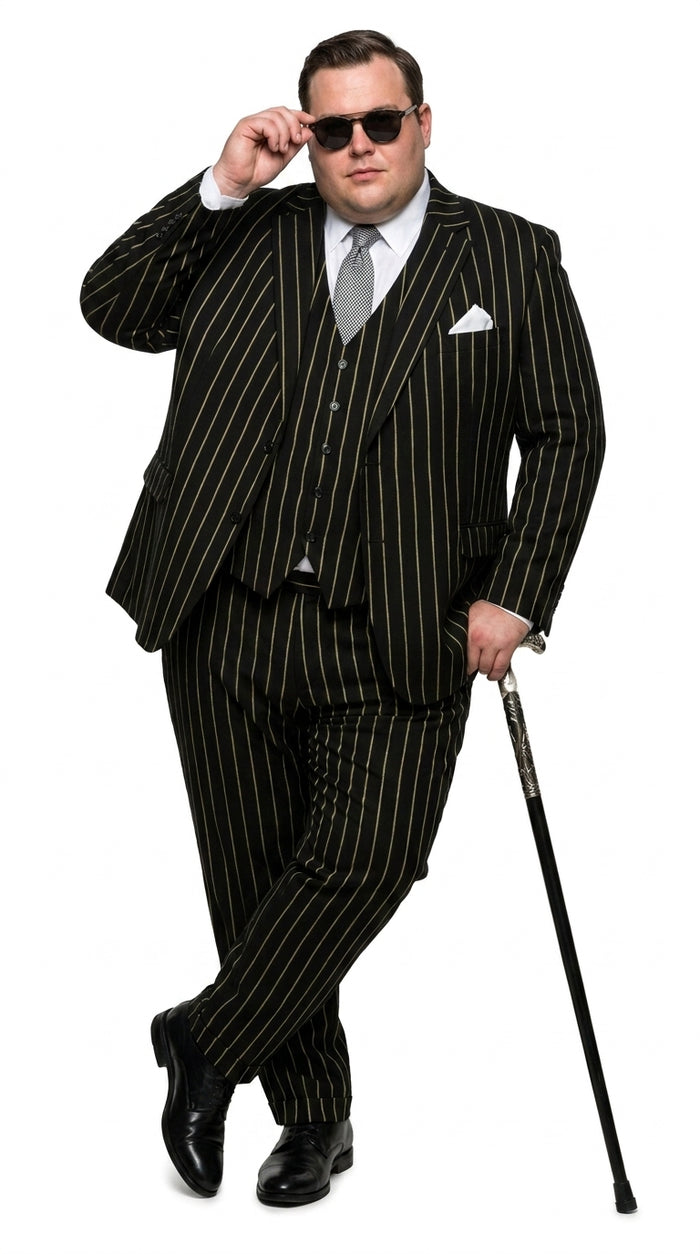 Men’s Black Gangster Pinstripe Suit, 2 Button Vintage 1920s Formal Dress Suit
