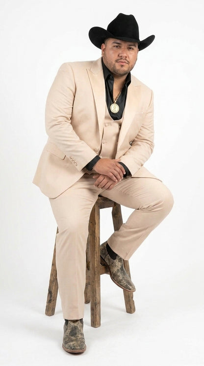 Men’s Light Beige Western 3 Piece Suit, Cowboy Tuxedo with Shawl Lapel