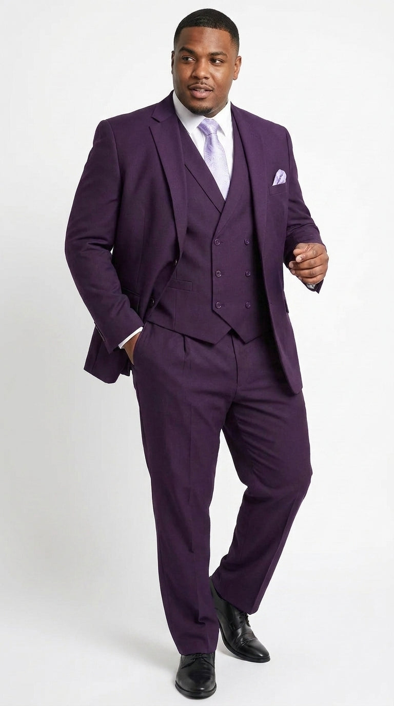 Men’s Purple Two Button Fashion Suit with Double Breasted Vest, Formal Wedding Prom Dress Suit