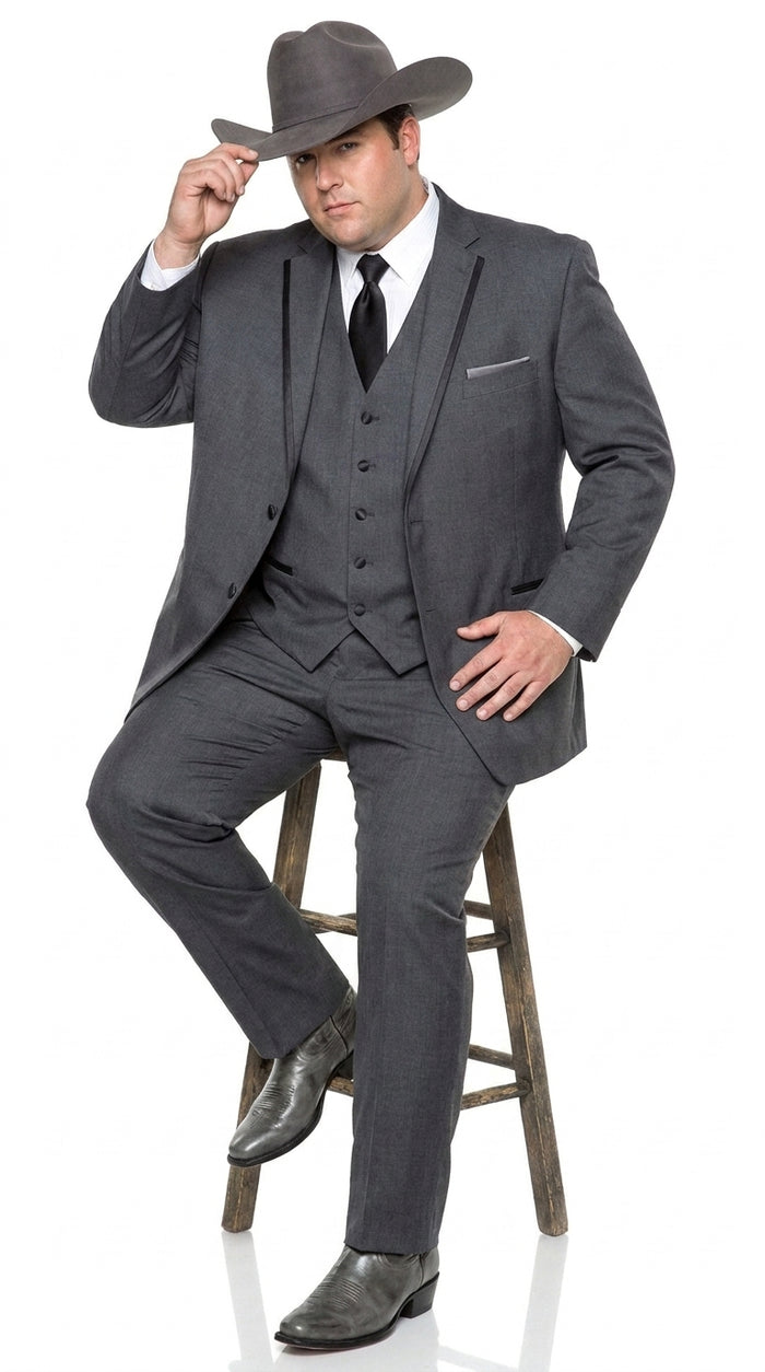 Men’s Charcoal Gray Western Tuxedo Suit, Cowboy Formal Trim Collar Jacket and Pants